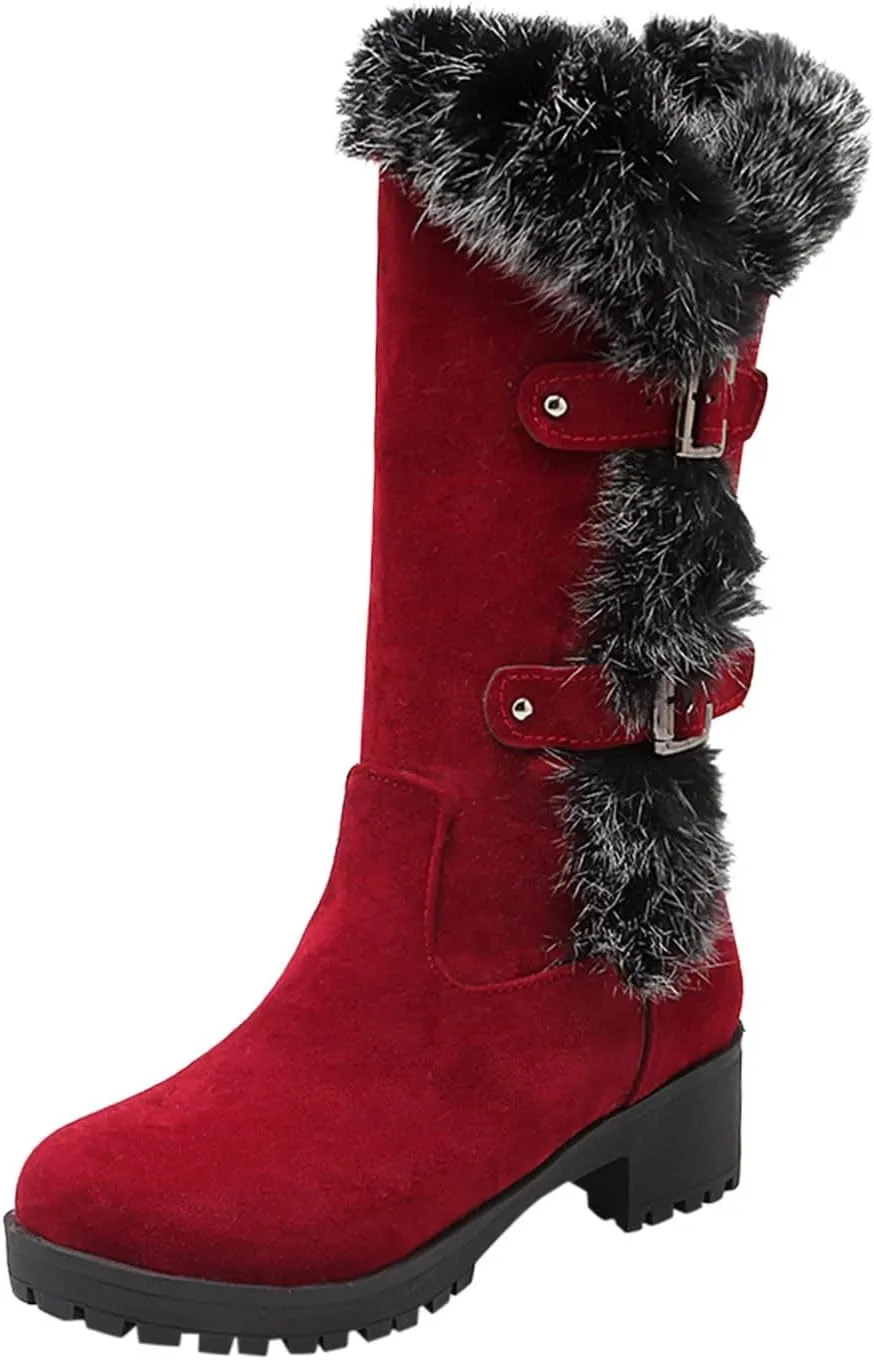 Women's Autumn and Winter Fashion Suede Warm Furry Boots Belt Buckle Thick Soled Mid Calf Large Calf Boots for Women