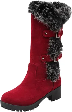 Women's Autumn and Winter Fashion Suede Warm Furry Boots Belt Buckle Thick Soled Mid Calf Large Calf Boots for Women