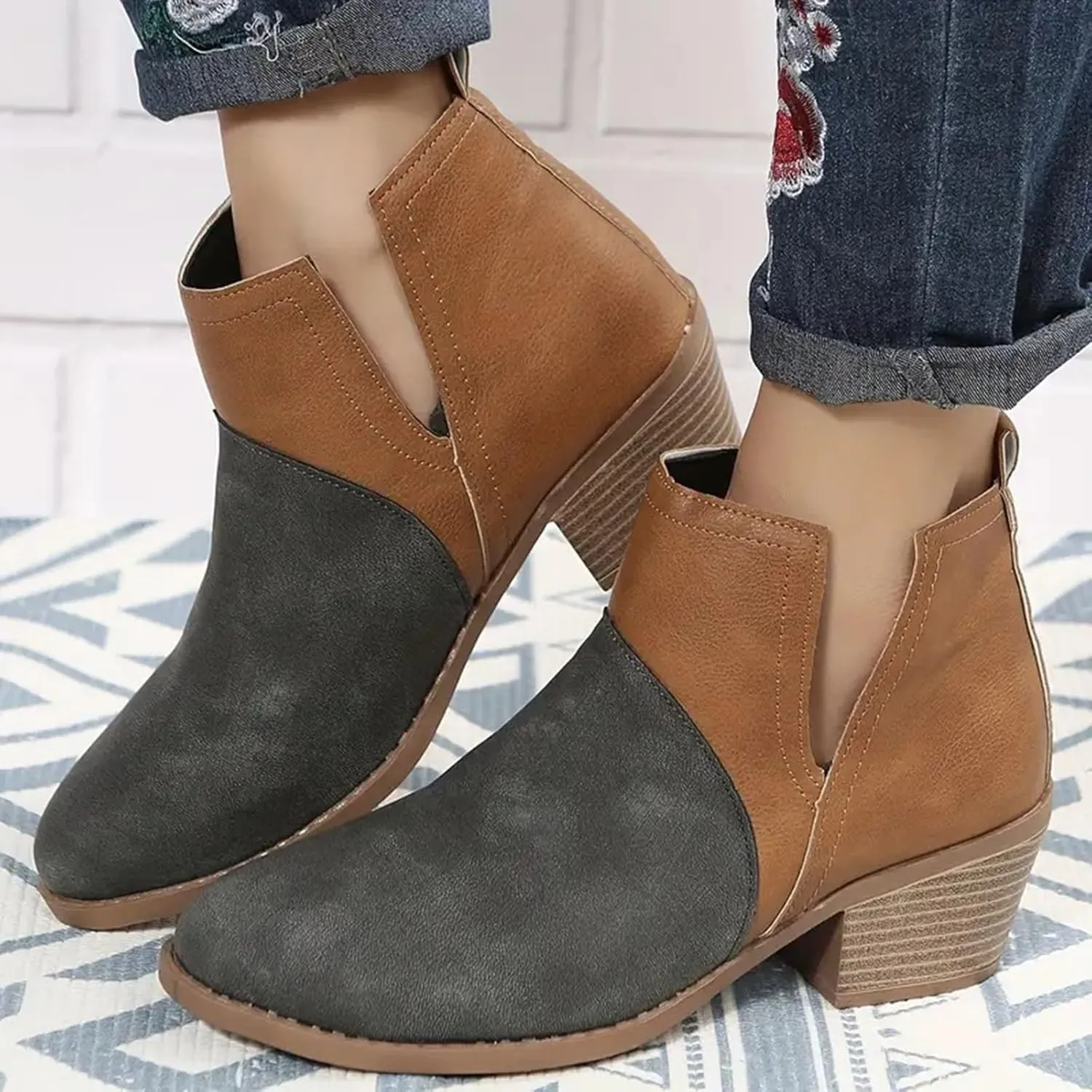 Womens Boots Ankle Heels Womens Pointed Toe Stacked Mid Heel Ankle Boots V Cut Back Zipper Faux Leather Booties