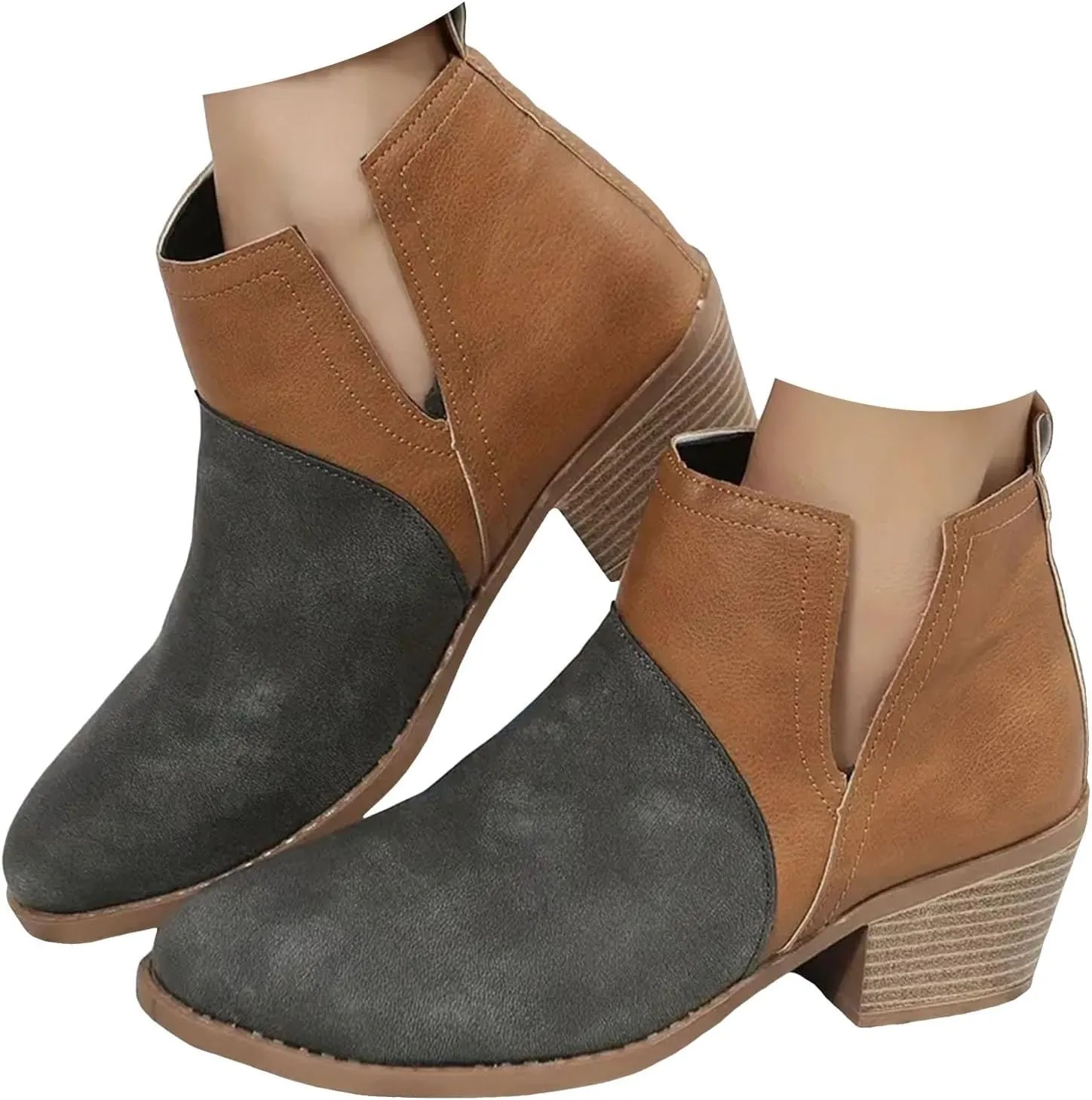 Womens Boots Ankle Heels Womens Pointed Toe Stacked Mid Heel Ankle Boots V Cut Back Zipper Faux Leather Booties