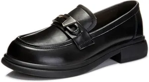 Women's Chunky Heel Slip-On Platform Loafers - Genuine Leather Business Classic Fashion with Round Toe and One Foot Stirrup - Ideal for Autumn,Black-34