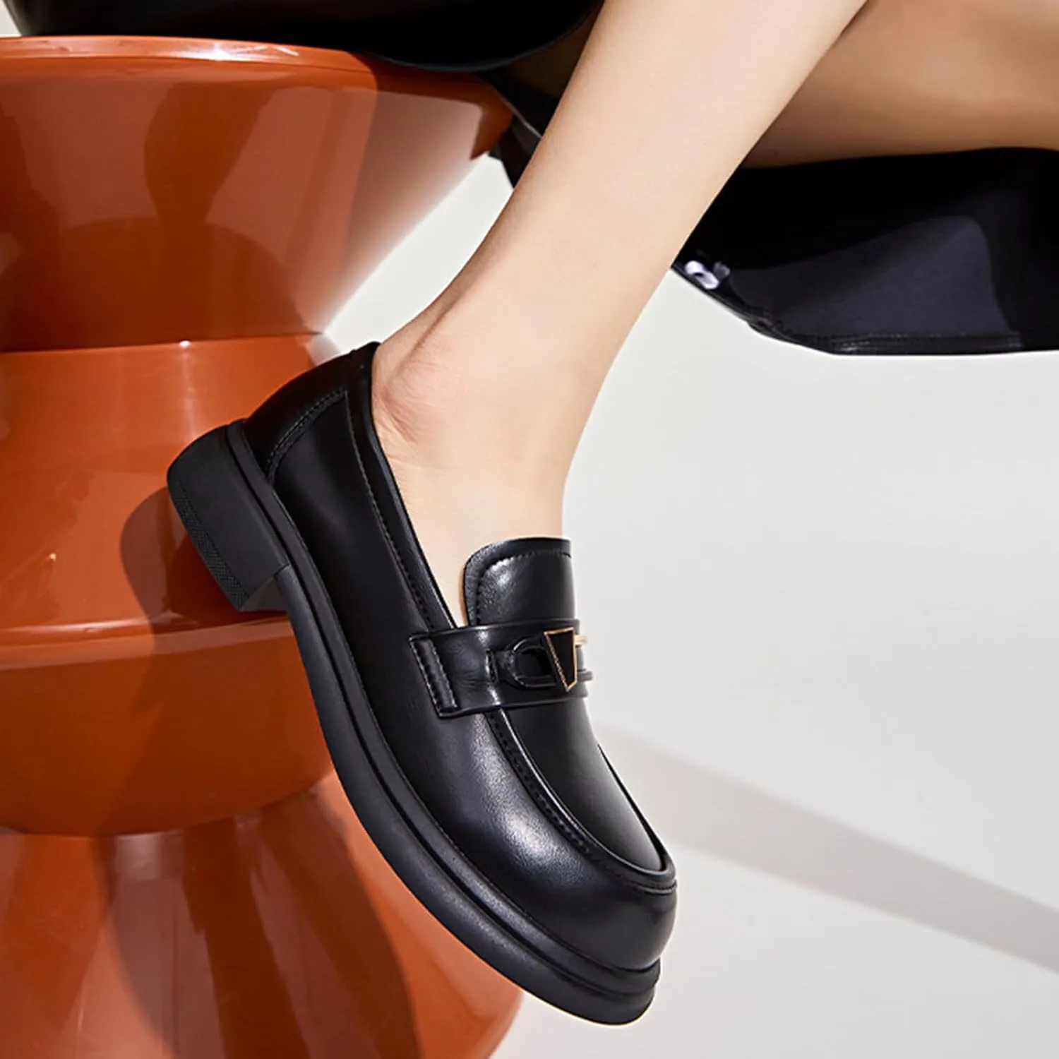 Women's Chunky Heel Slip-On Platform Loafers - Genuine Leather Business Classic Fashion with Round Toe and One Foot Stirrup - Ideal for Autumn,Black-34