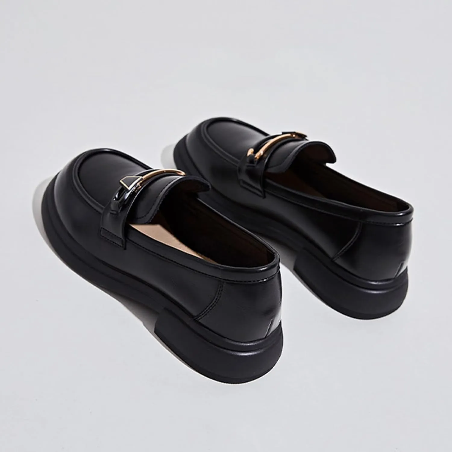 Women's Chunky Heel Slip-On Platform Loafers - Genuine Leather Business Classic Fashion with Round Toe and One Foot Stirrup - Ideal for Autumn,Black-34
