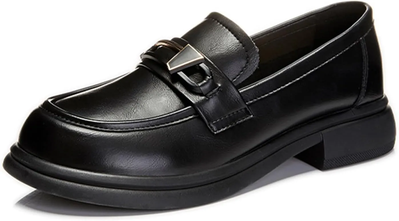 Women's Chunky Heel Slip-On Platform Loafers - Genuine Leather Business Classic Fashion with Round Toe and One Foot Stirrup - Ideal for Autumn,Black-34