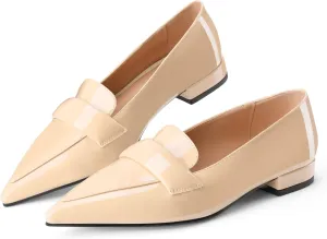 Women's Closed Pointed Toe Penny Loafers Shoes Black Patent Leather Comfortable Slip On Work Business Dressy Classic Flats Shoes