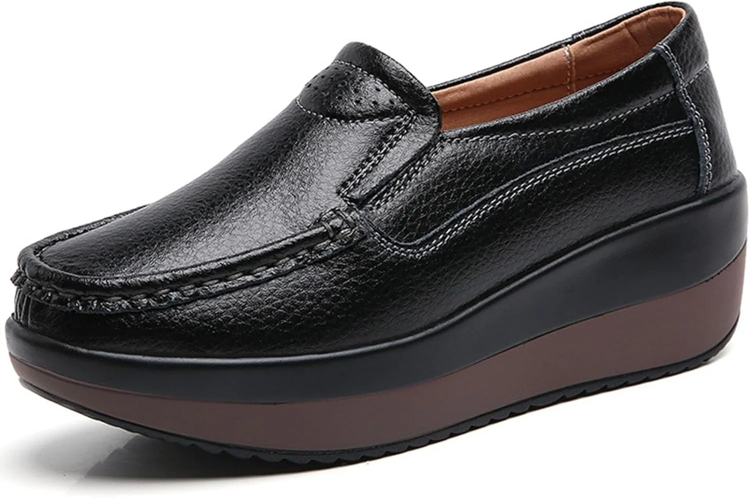 Women's Comfortable Platform Leather Wedge Walking Shoes Fashion Thick Sole Non-Slip Soft Casual Loafers with Arch Support