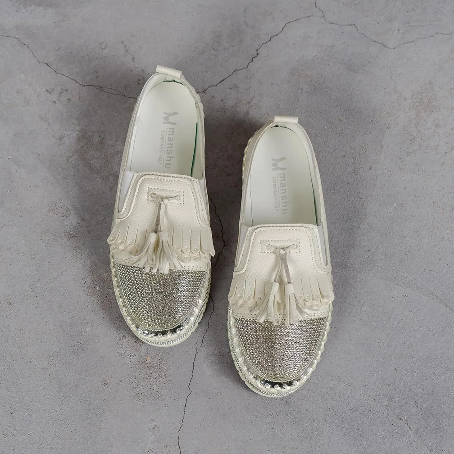 Women's Fashion Leather Loafers Sparkly Rhinestone Tassel Decoration Thick Sole Shoes Orthopedic Slip-On Loafers