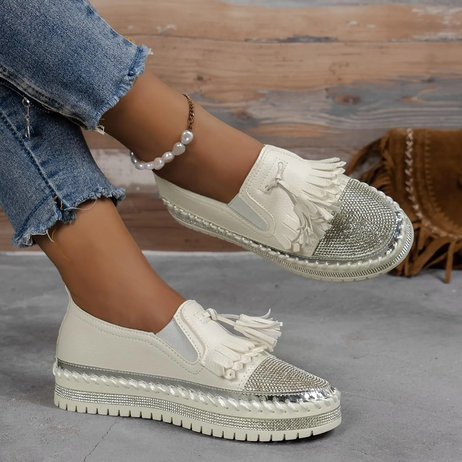 Women's Fashion Leather Loafers Sparkly Rhinestone Tassel Decoration Thick Sole Shoes Orthopedic Slip-On Loafers