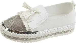 Women's Fashion Leather Loafers Sparkly Rhinestone Tassel Decoration Thick Sole Shoes Orthopedic Slip-On Loafers