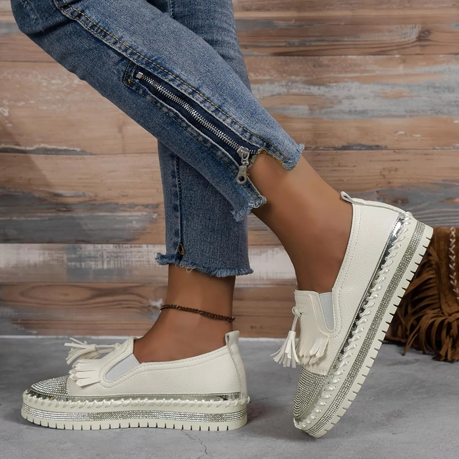 Women's Fashion Leather Loafers Sparkly Rhinestone Tassel Decoration Thick Sole Shoes Orthopedic Slip-On Loafers