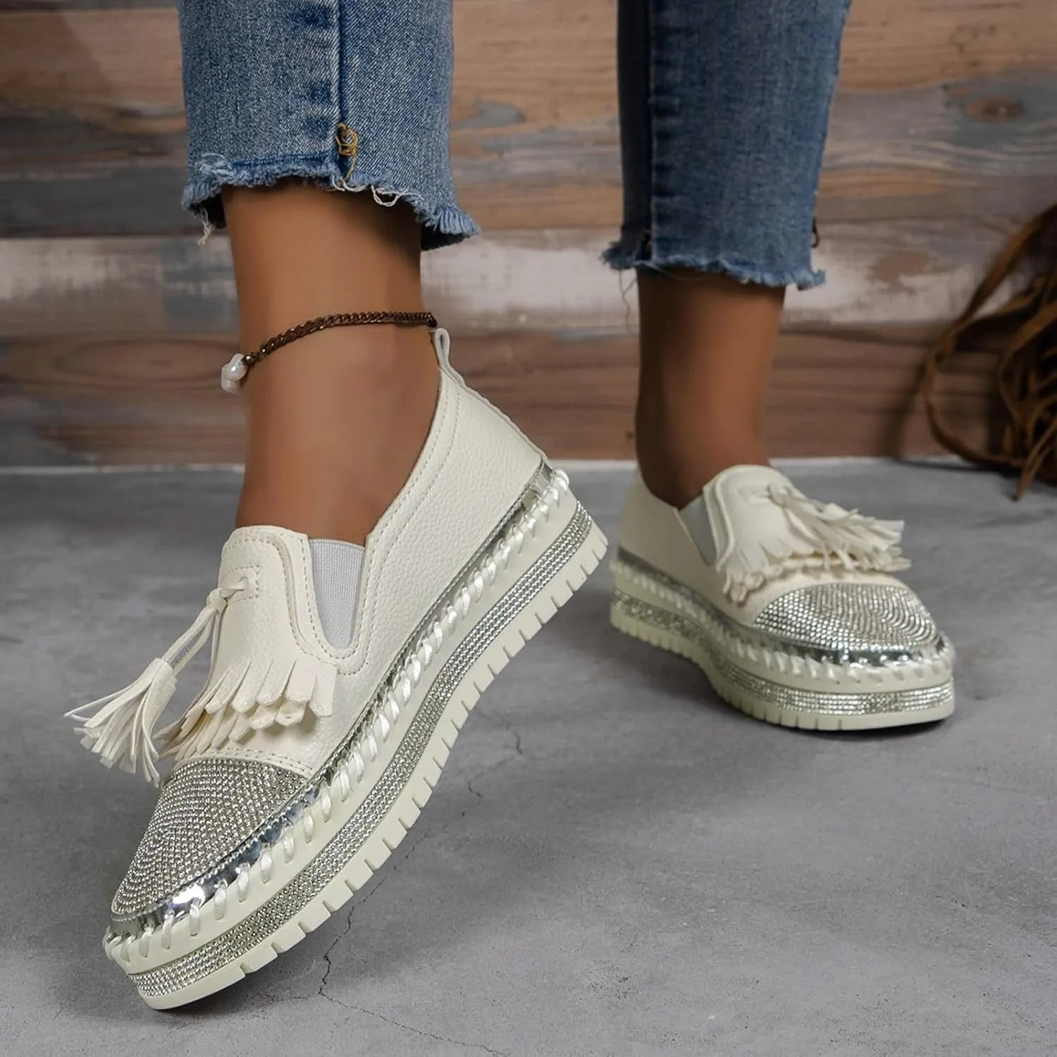 Women's Fashion Leather Loafers Sparkly Rhinestone Tassel Decoration Thick Sole Shoes Orthopedic Slip-On Loafers