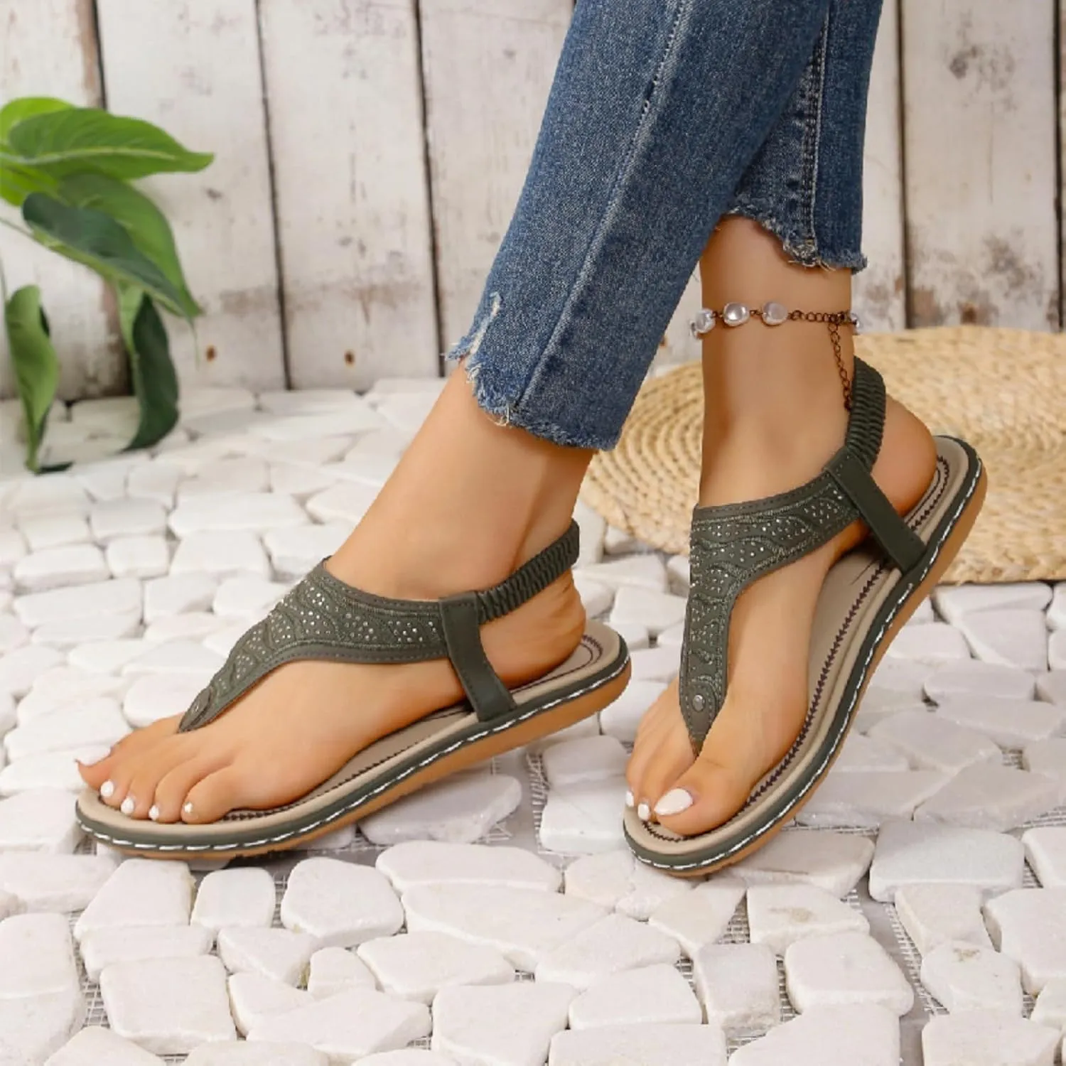 Womens Flat Sandals Elastic T-Strappy String Thong Ankle Strap Sandal Sparking Gladiator Summer Dressy Shoes for Daily