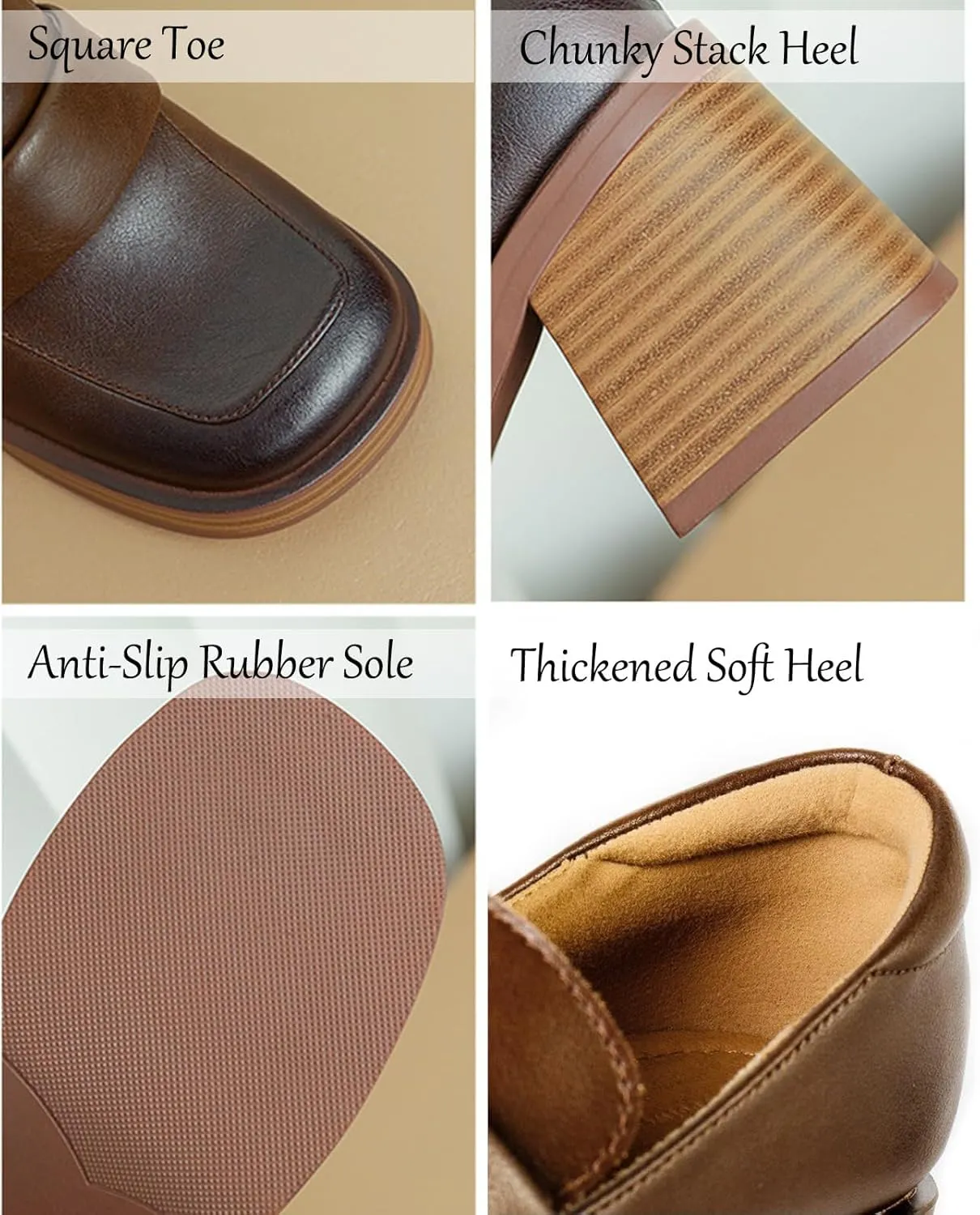 Women's Leather Chunky Stacked Heel Loafers Closed Square Toe Platform Pumps Slip On Oxfords Office Dress Shoes