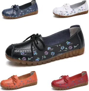 Women's Leather Floral Print Casual Flat Ankle Loafer, Slip-On Non Slip Soft Sole Driving Dress Shoes