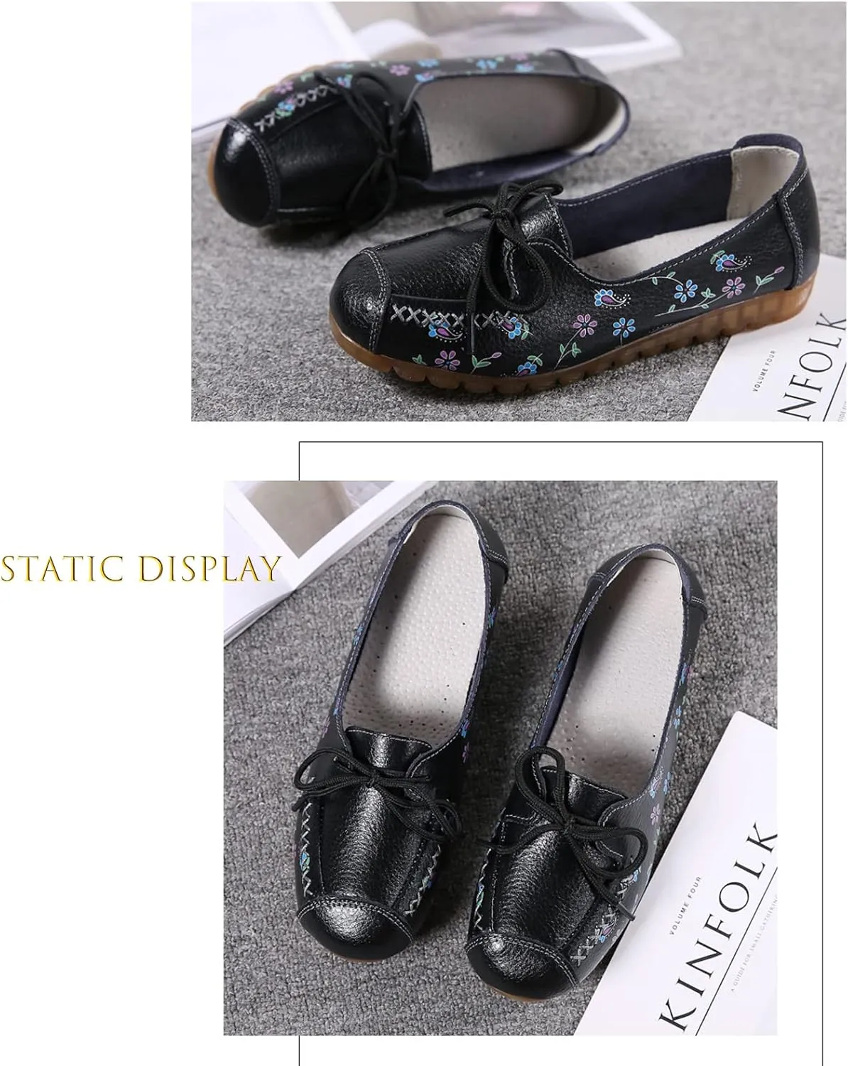 Women's Leather Floral Print Casual Flat Ankle Loafer, Slip-On Non Slip Soft Sole Driving Dress Shoes