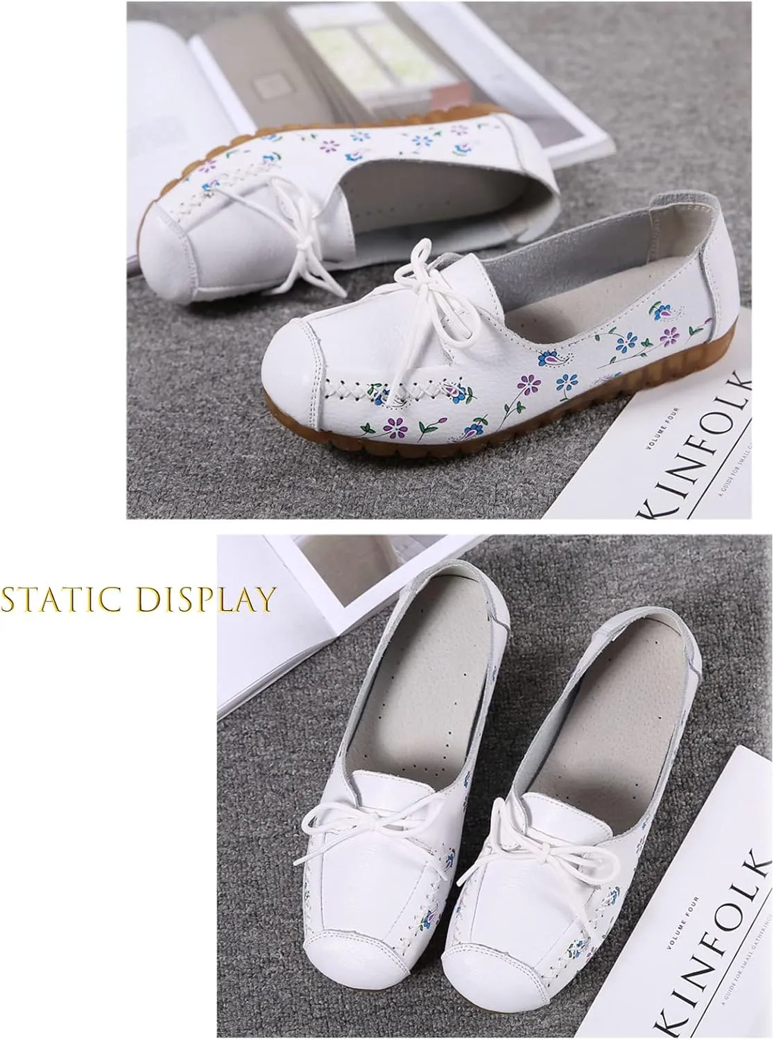 Women's Leather Floral Print Casual Flat Ankle Loafer, Slip-On Non Slip Soft Sole Driving Dress Shoes