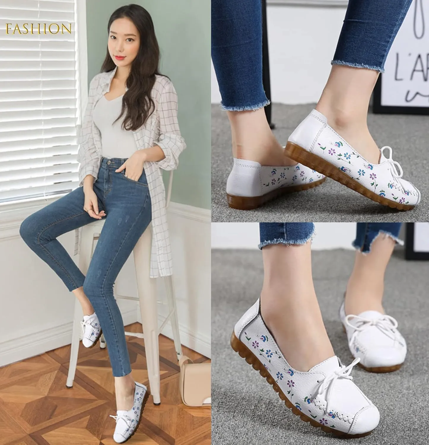 Women's Leather Floral Print Casual Flat Ankle Loafer, Slip-On Non Slip Soft Sole Driving Dress Shoes