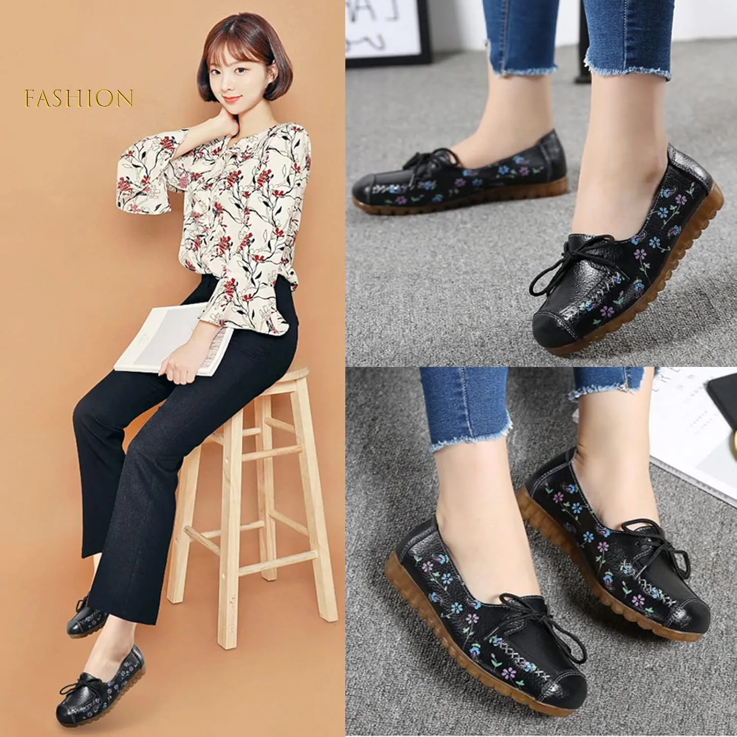 Women's Leather Floral Print Casual Flat Ankle Loafer, Slip-On Non Slip Soft Sole Driving Dress Shoes