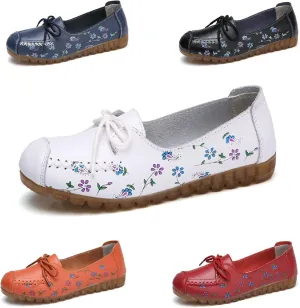Women's Leather Floral Print Casual Flat Ankle Loafer, Slip-On Non Slip Soft Sole Driving Dress Shoes