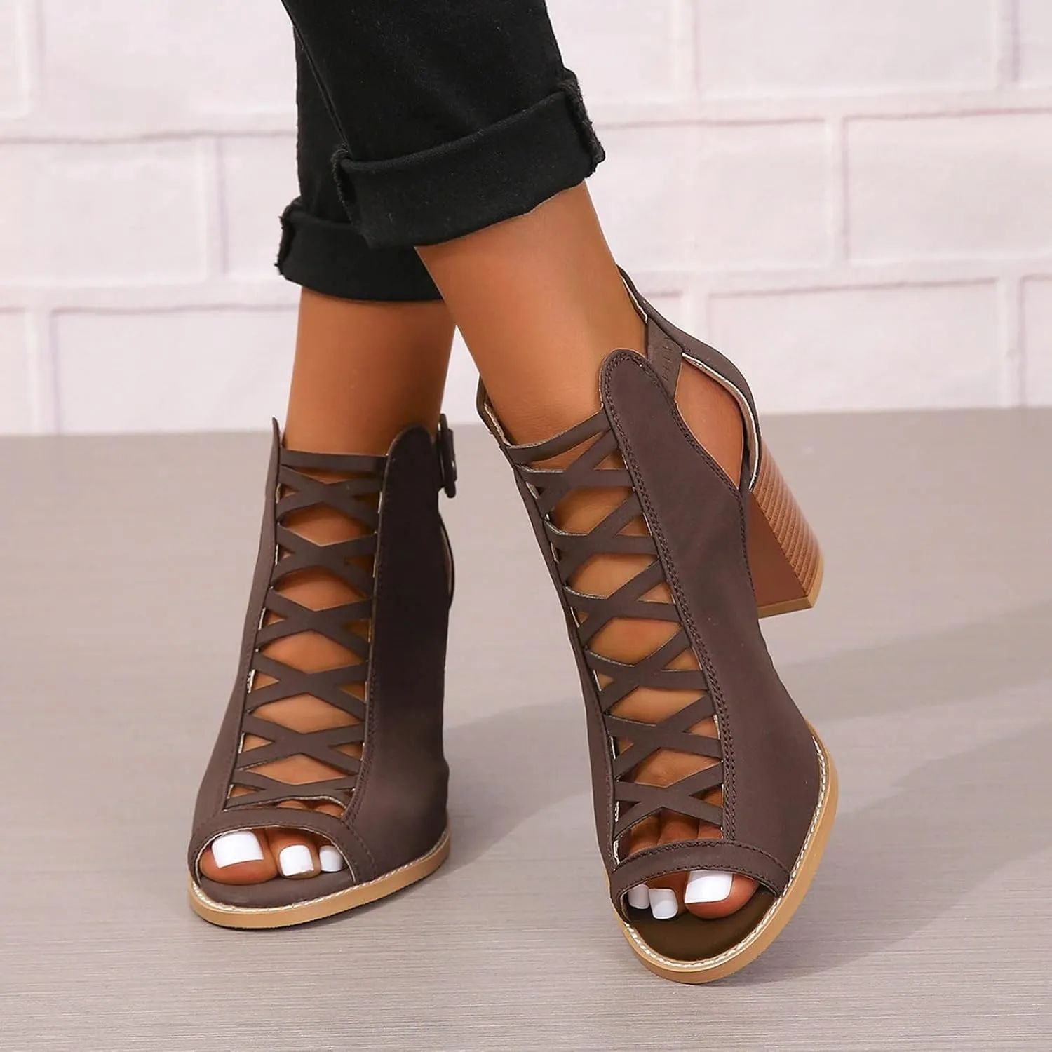 Women's Open Toe Booties with Block Heel and Side Comfortable and Stylish Cut Out Design Chunky Low Chunky Heels Women