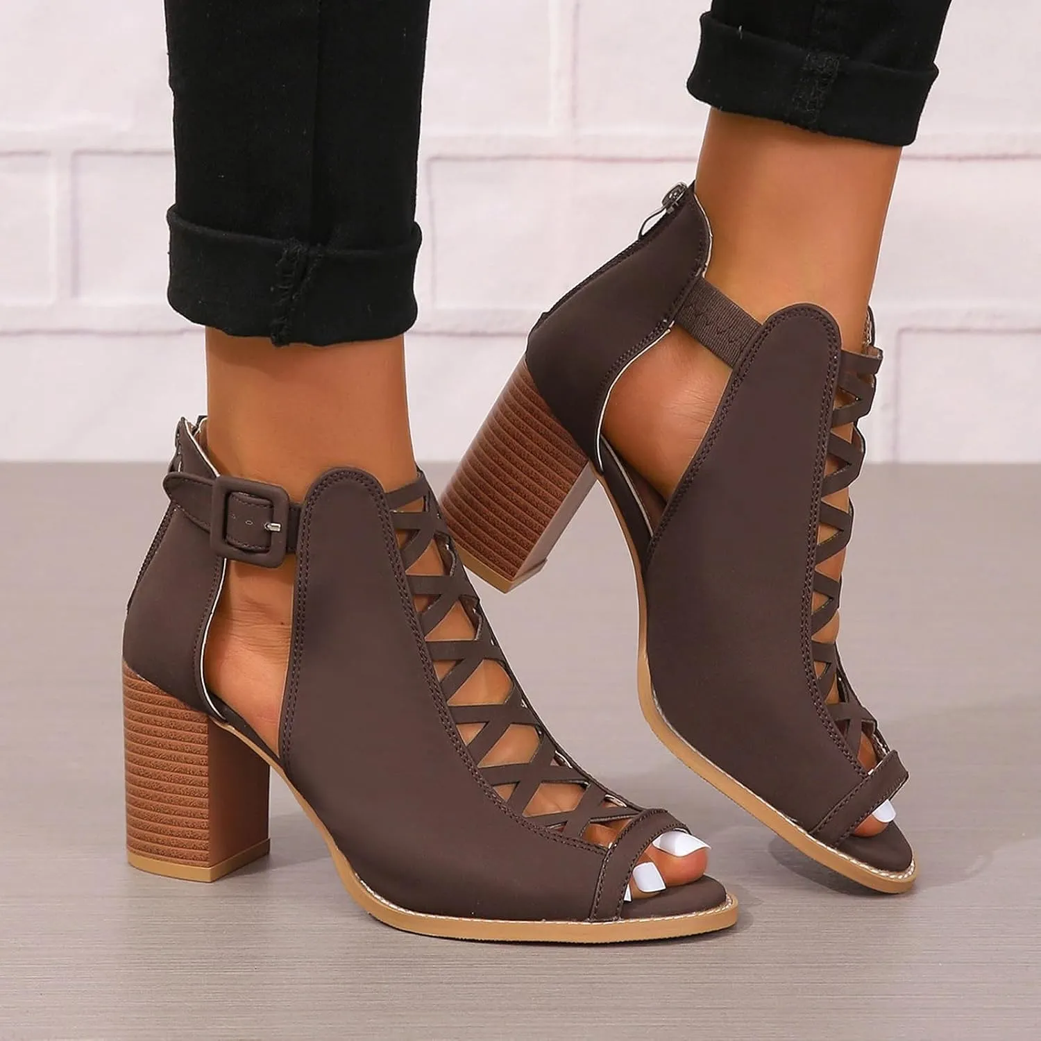 Women's Open Toe Booties with Block Heel and Side Comfortable and Stylish Cut Out Design Chunky Low Chunky Heels Women