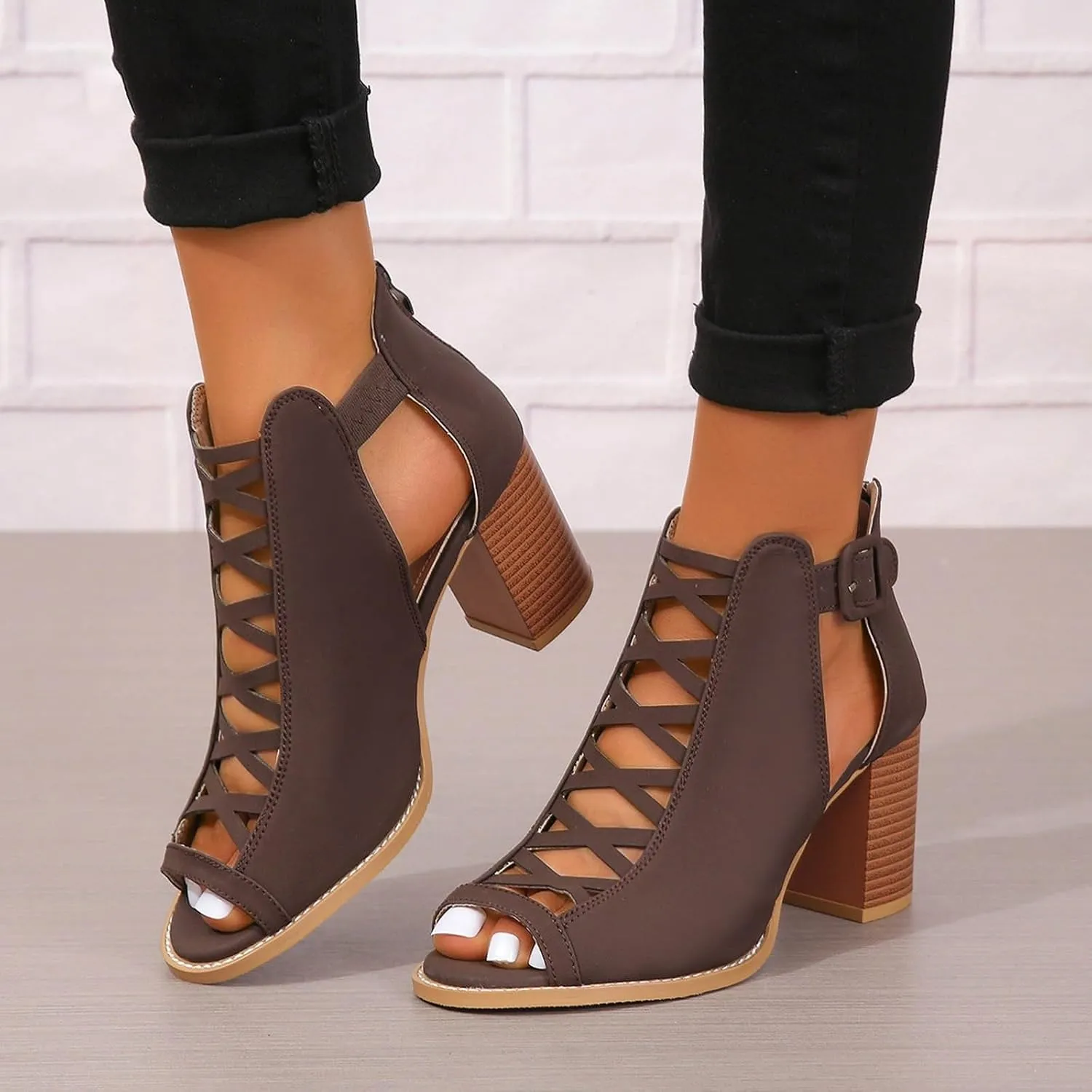 Women's Open Toe Booties with Block Heel and Side Comfortable and Stylish Cut Out Design Chunky Low Chunky Heels Women