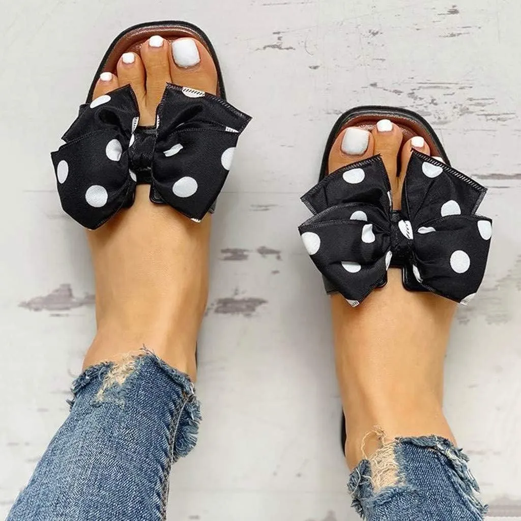 Women's Polka Dot Flat Sandals Beach Shoes Summer Slippers Slip On Sandals Open Toe Slides (Black, 7.5)