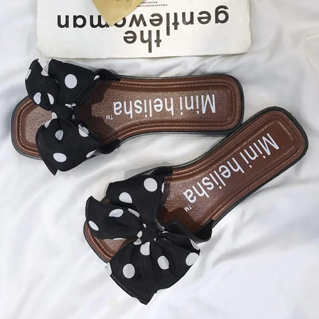 Women's Polka Dot Flat Sandals Beach Shoes Summer Slippers Slip On Sandals Open Toe Slides (Black, 7.5)