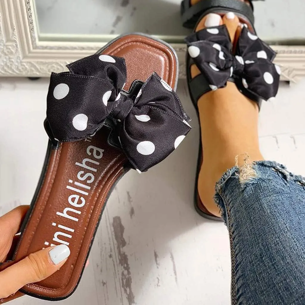 Women's Polka Dot Flat Sandals Beach Shoes Summer Slippers Slip On Sandals Open Toe Slides (Black, 7.5)