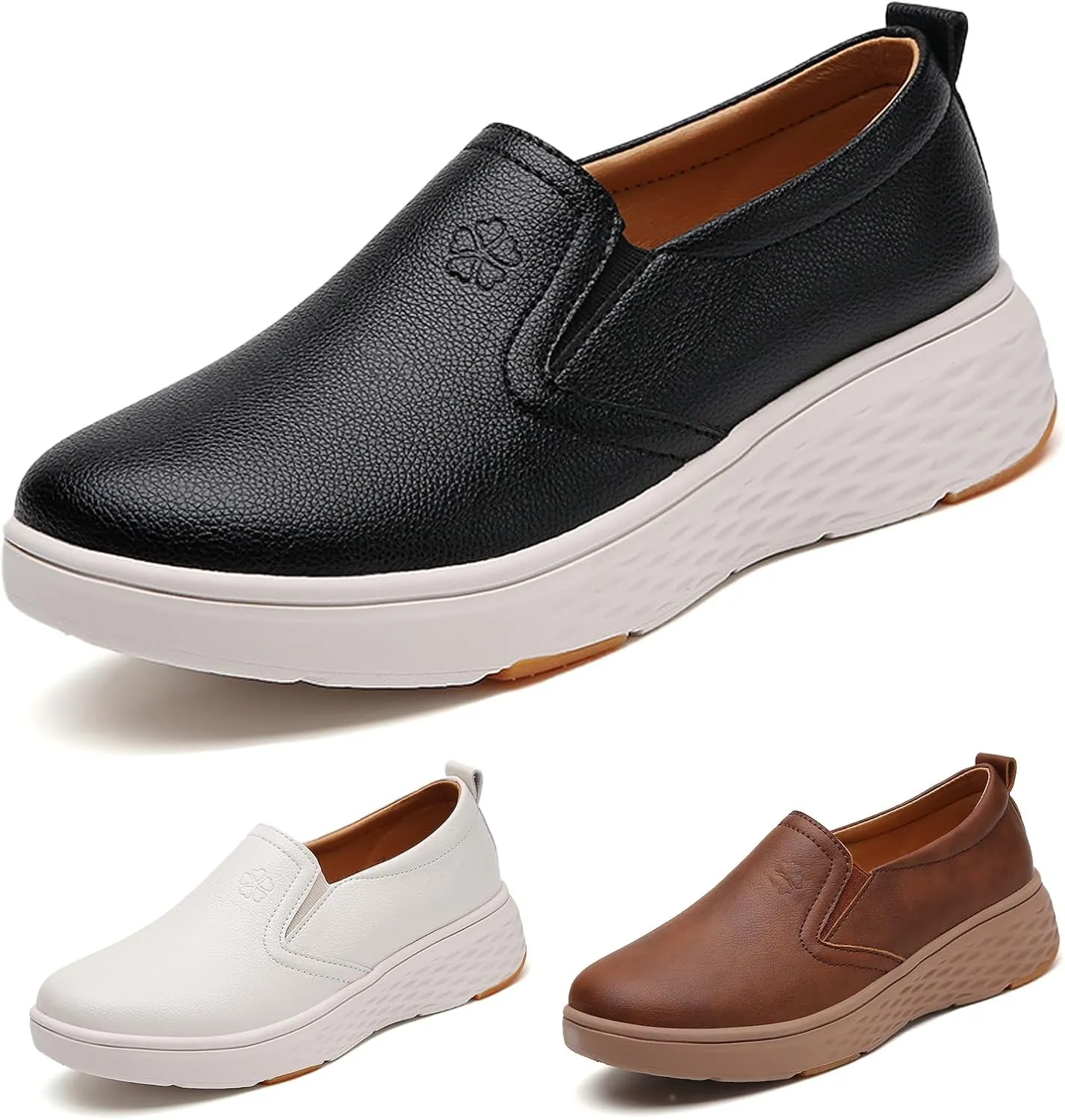 Women's Round Toe Leather Platform Loafers Comfortable Slip On Lightweight Non Slip Walking Shoes Soft Breathable Work Shopping Driving Shoes