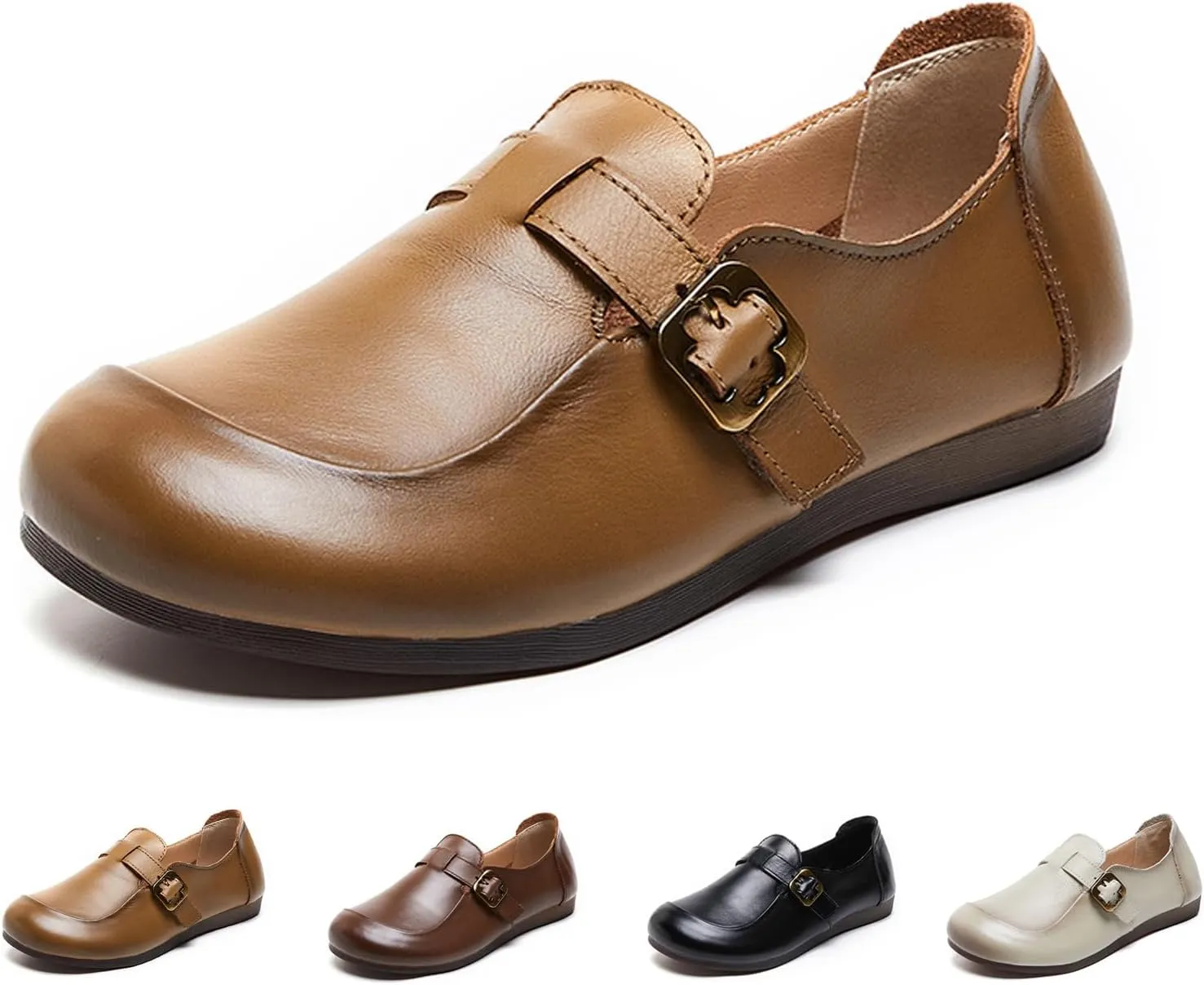 Women's Slip-on Casual SOFE Leather Loafers,Classic Leather Roude-Toe Metal Buckle Driving Flats Shoes Comfort SOFE Sole Mom Dressy Low Heel Office Work Penny Loafers
