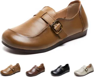 Women's Slip-on Casual SOFE Leather Loafers,Classic Leather Roude-Toe Metal Buckle Driving Flats Shoes Comfort SOFE Sole Mom Dressy Low Heel Office Work Penny Loafers