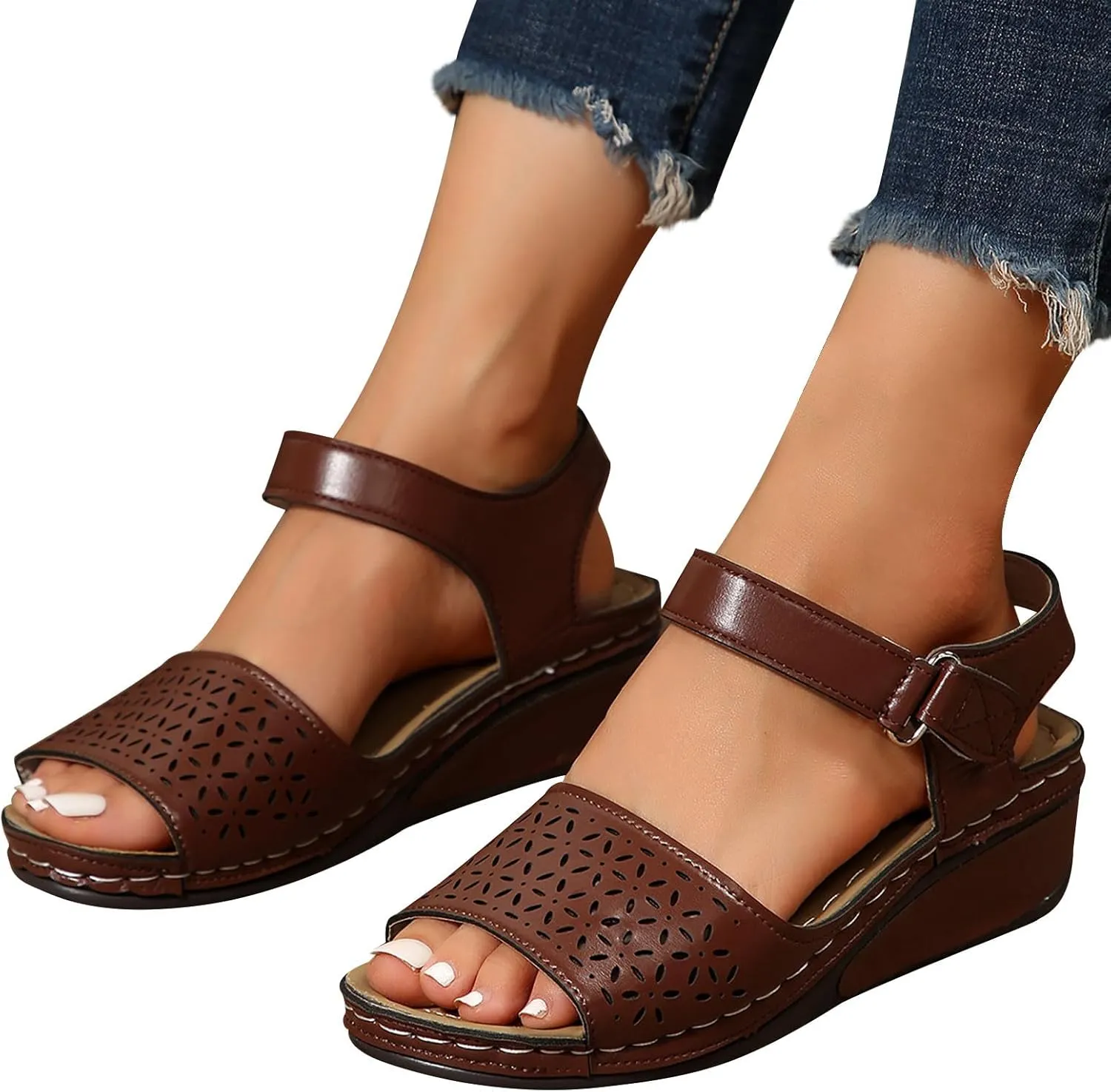 Women's Solid Hollow Out Sandals Summer Hook and Loop Wedge Shoe Open Toe Casual Beach Sandal Vacation High Heel