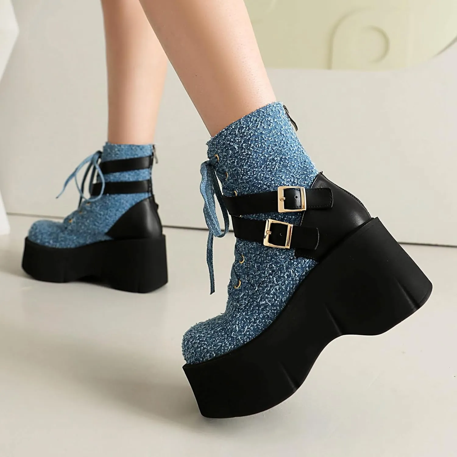 Women'S Suede Lace-Up Platform Wedge Heel Ankle Boots Fashion Round Toe Square Buckle Zipper Platform Booties For Parties Prom Gothic Ankle Boots