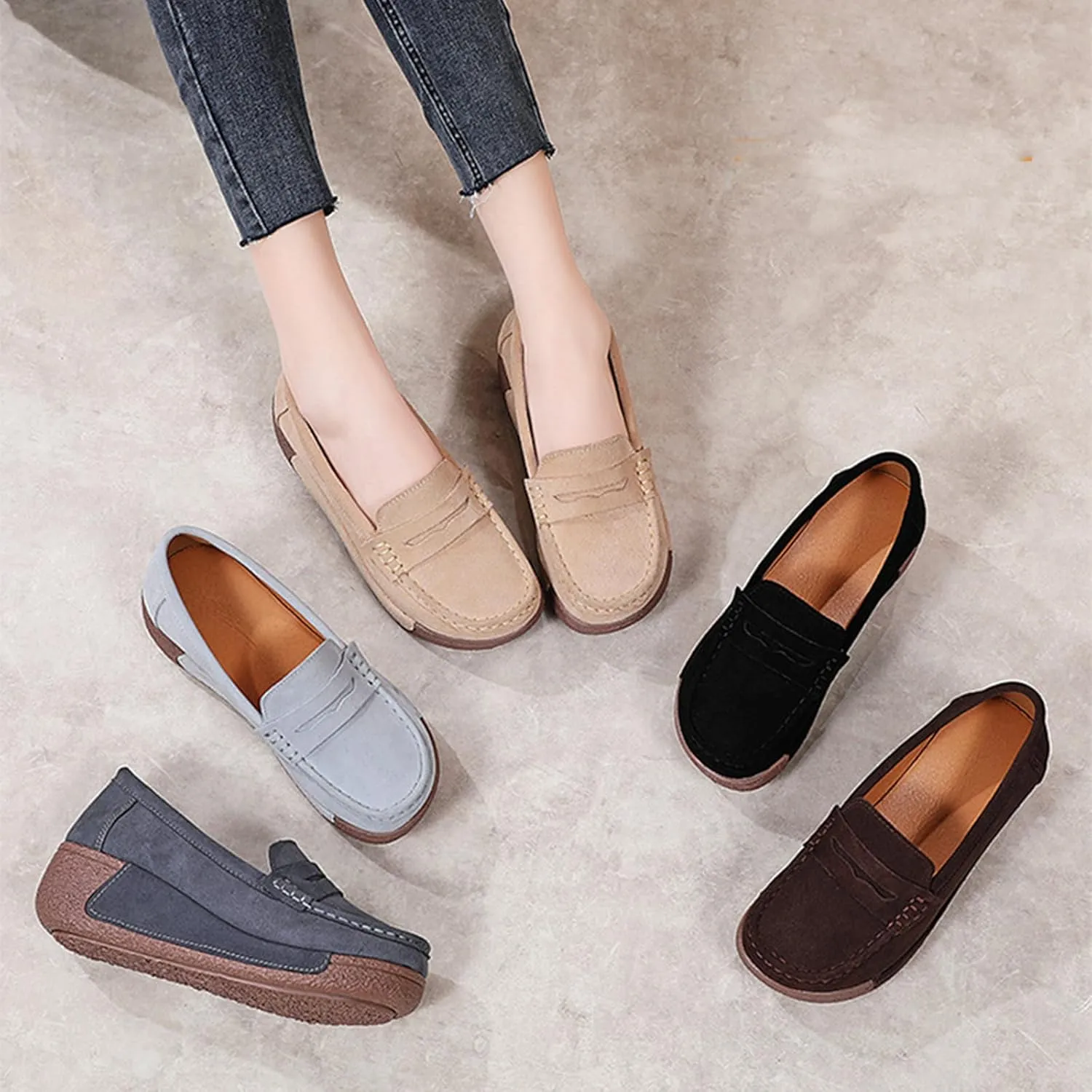 Women's Suede Slip-On Flat Loafers, Women Lightweight Soft Sole Casual Work Boat Shoes Classic Casual Driving Loafers