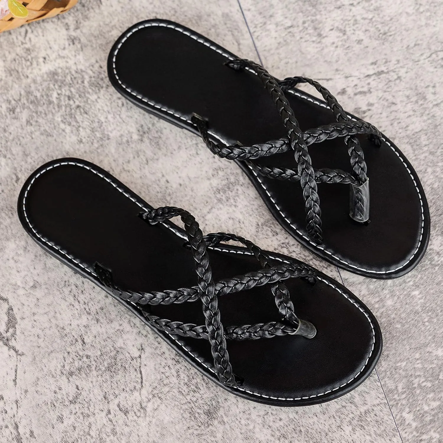 Women's Temperament Flat Sandals Low Heel Flat Bottom Sandals Solid Breathable Leather Sandals for Women