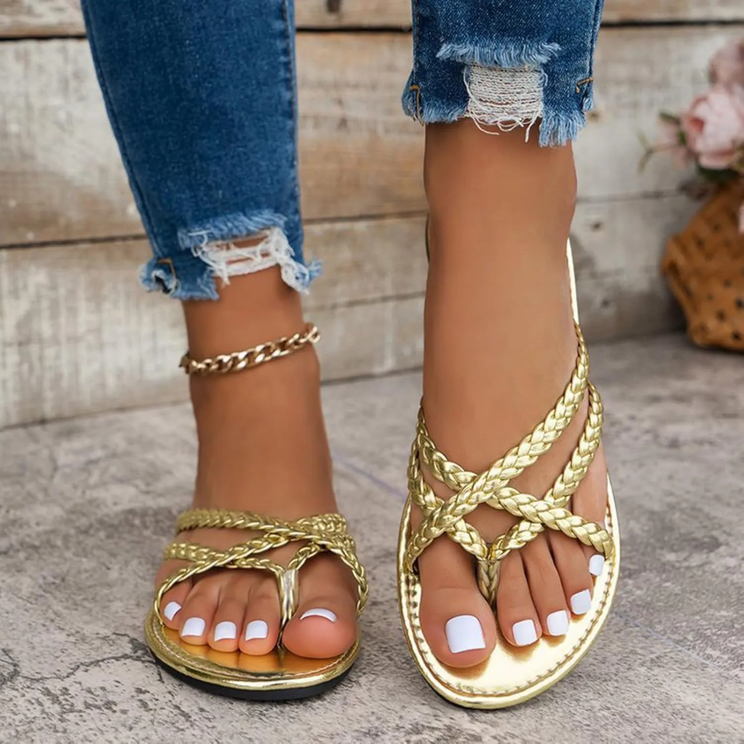 Women's Temperament Flat Sandals Low Heel Flat Bottom Sandals Solid Breathable Leather Sandals for Women