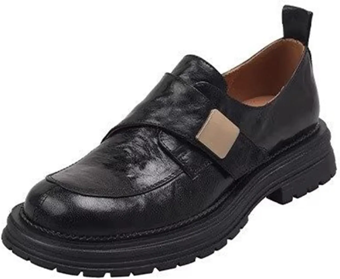 Women's Thick Bottom Loafers Spring/Autumn Chunky Heel Deep Mouth Single Shoes Black Leather Flats,Black-36