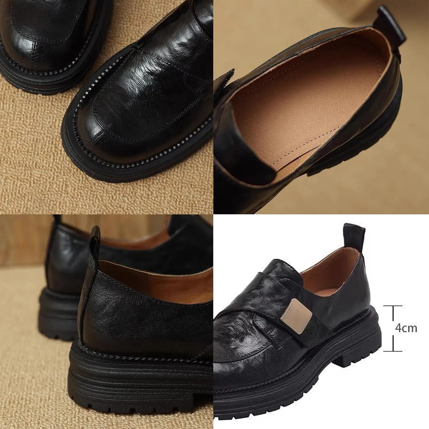 Women's Thick Bottom Loafers Spring/Autumn Chunky Heel Deep Mouth Single Shoes Black Leather Flats,Black-36