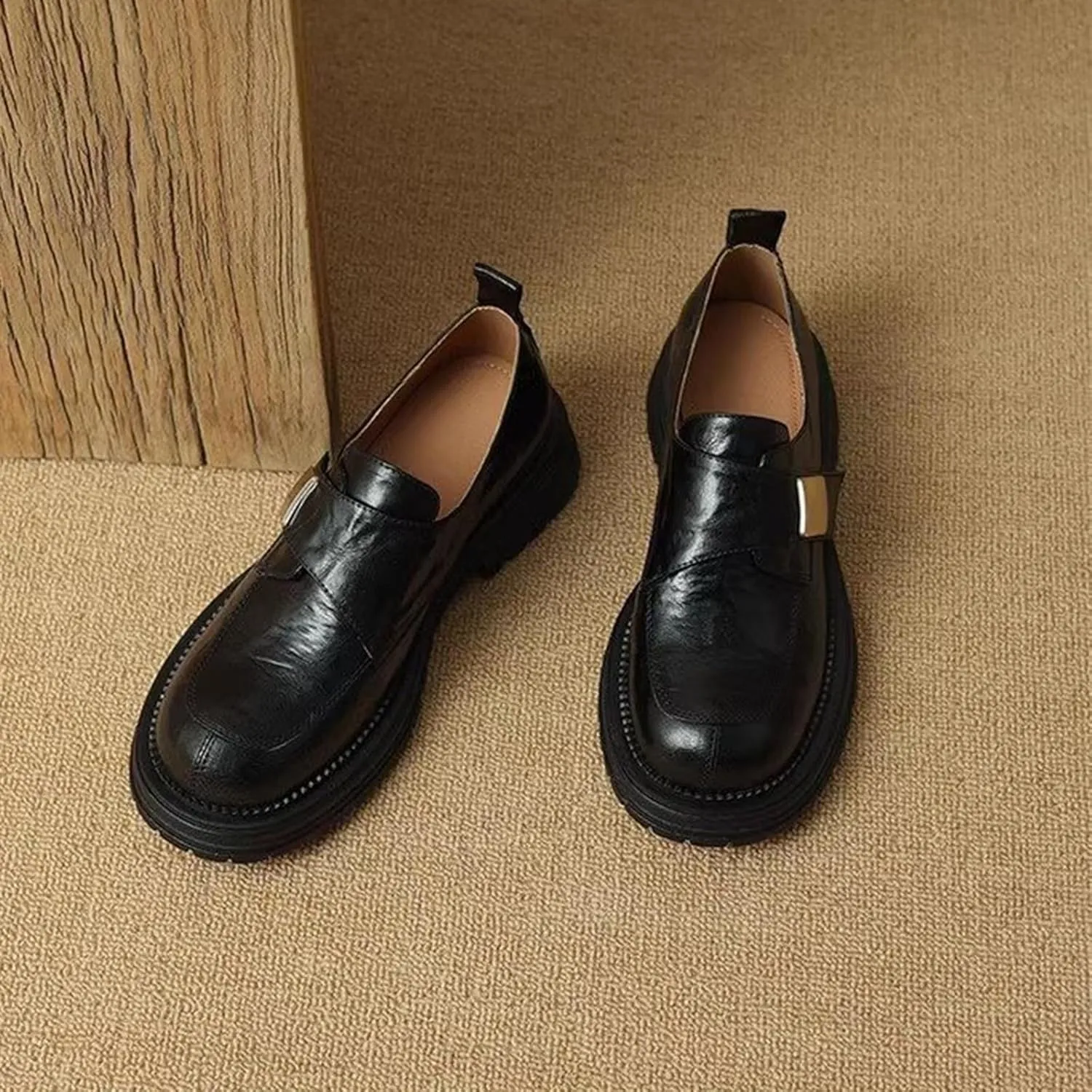 Women's Thick Bottom Loafers Spring/Autumn Chunky Heel Deep Mouth Single Shoes Black Leather Flats,Black-36