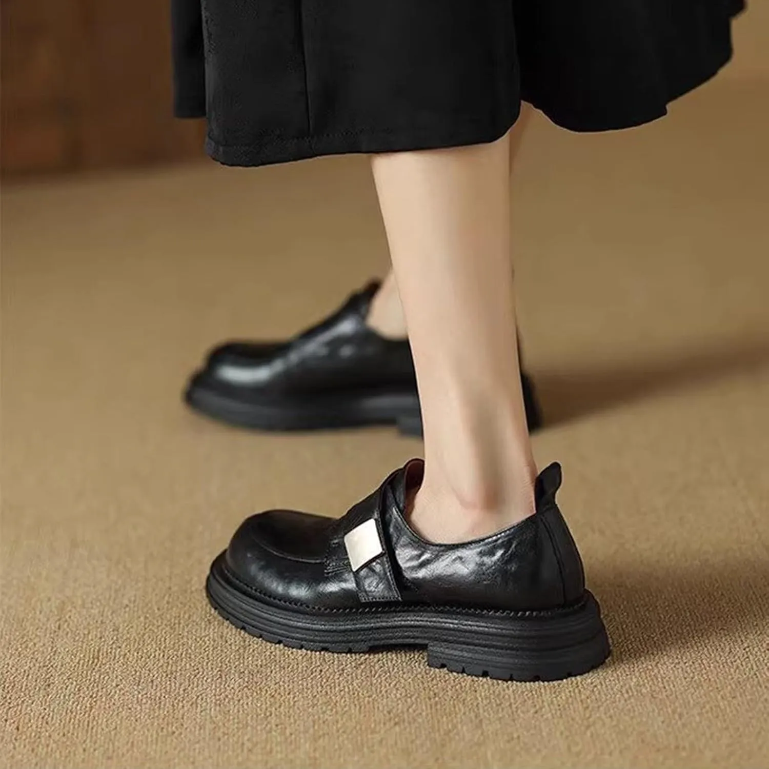 Women's Thick Bottom Loafers Spring/Autumn Chunky Heel Deep Mouth Single Shoes Black Leather Flats,Black-36