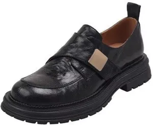 Women's Thick Bottom Loafers Spring/Autumn Chunky Heel Deep Mouth Single Shoes Black Leather Flats,Black-36