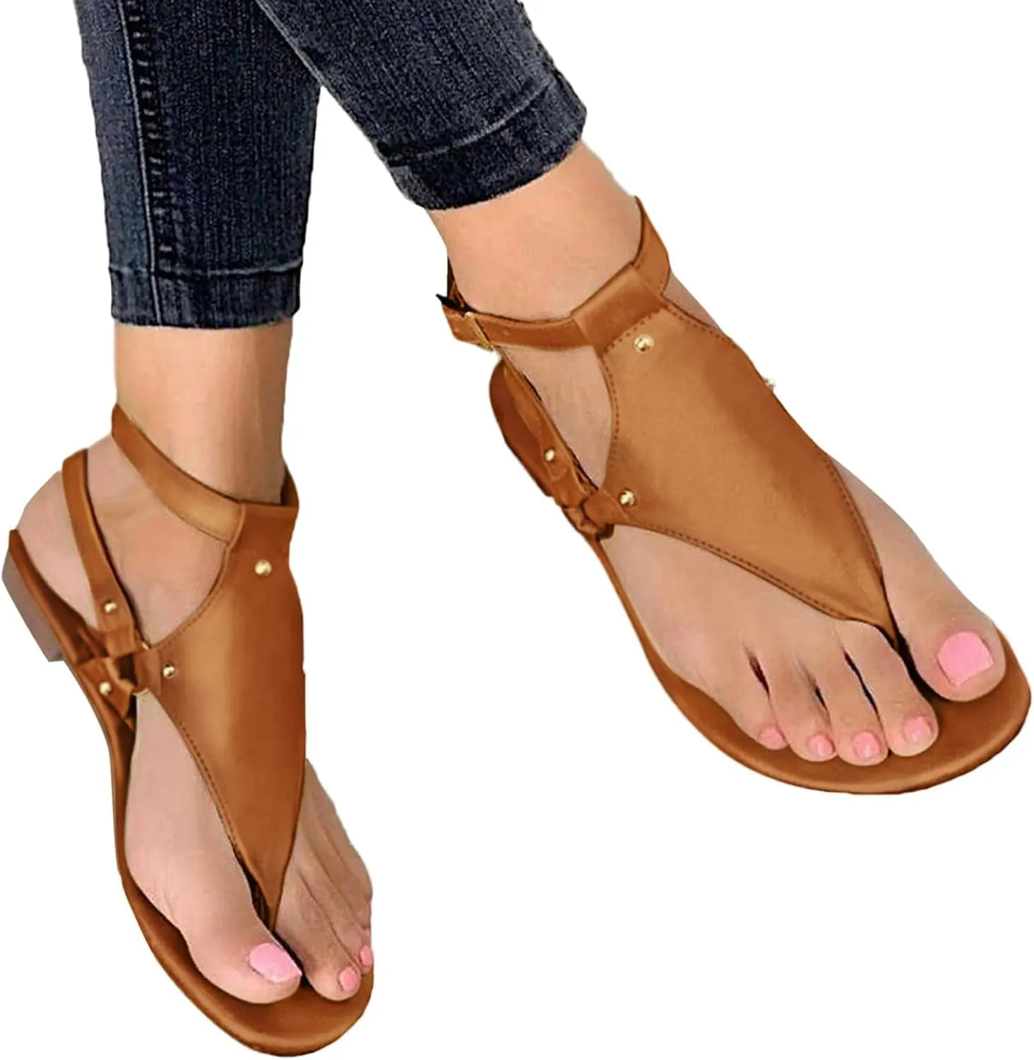 Women's Thong Flat Sandals, 2025 Comfortable Flip Flops T-Strap Dress Sandals with Adjustable Ankle Strap Leather Strappy Slip On Summer Shoes Beach Dressy Casual Slides