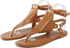 Women's Thong Flat Sandals, 2025 Comfortable Flip Flops T-Strap Dress Sandals with Adjustable Ankle Strap Leather Strappy Slip On Summer Shoes Beach Dressy Casual Slides