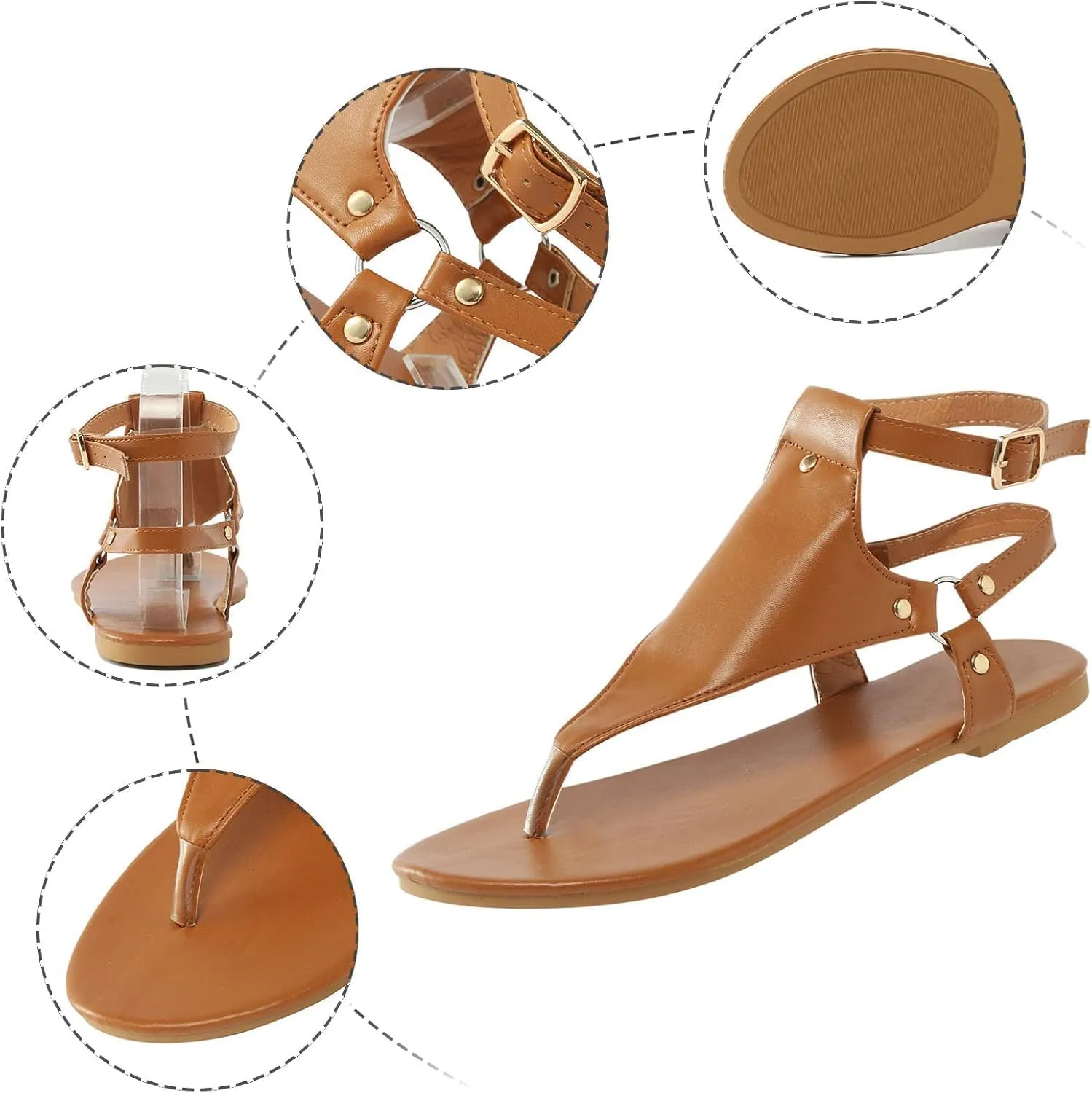 Women's Thong Flat Sandals, 2025 Comfortable Flip Flops T-Strap Dress Sandals with Adjustable Ankle Strap Leather Strappy Slip On Summer Shoes Beach Dressy Casual Slides