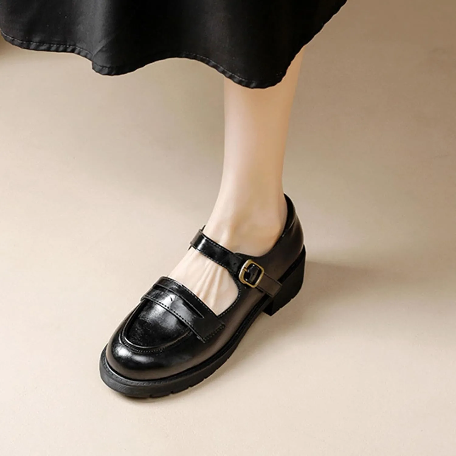 Women's Vintage Mary Jane Loafers Spring/Autumn Hollow Out Buckle Thick Sole Single Shoes Leather