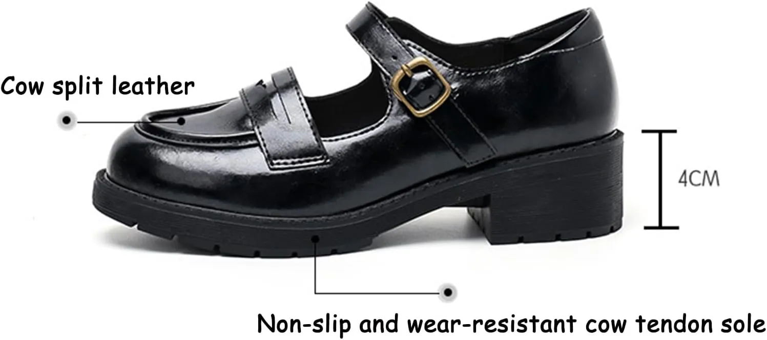 Women's Vintage Mary Jane Loafers Spring/Autumn Hollow Out Buckle Thick Sole Single Shoes Leather