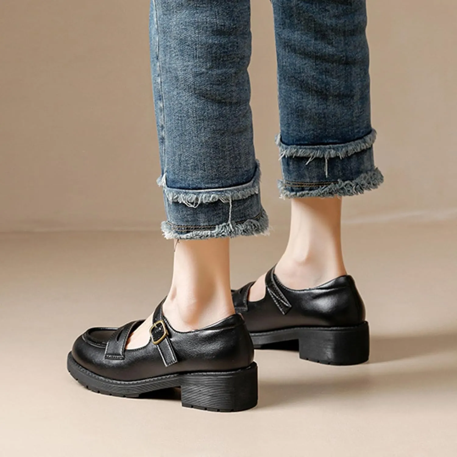 Women's Vintage Mary Jane Loafers Spring/Autumn Hollow Out Buckle Thick Sole Single Shoes Leather