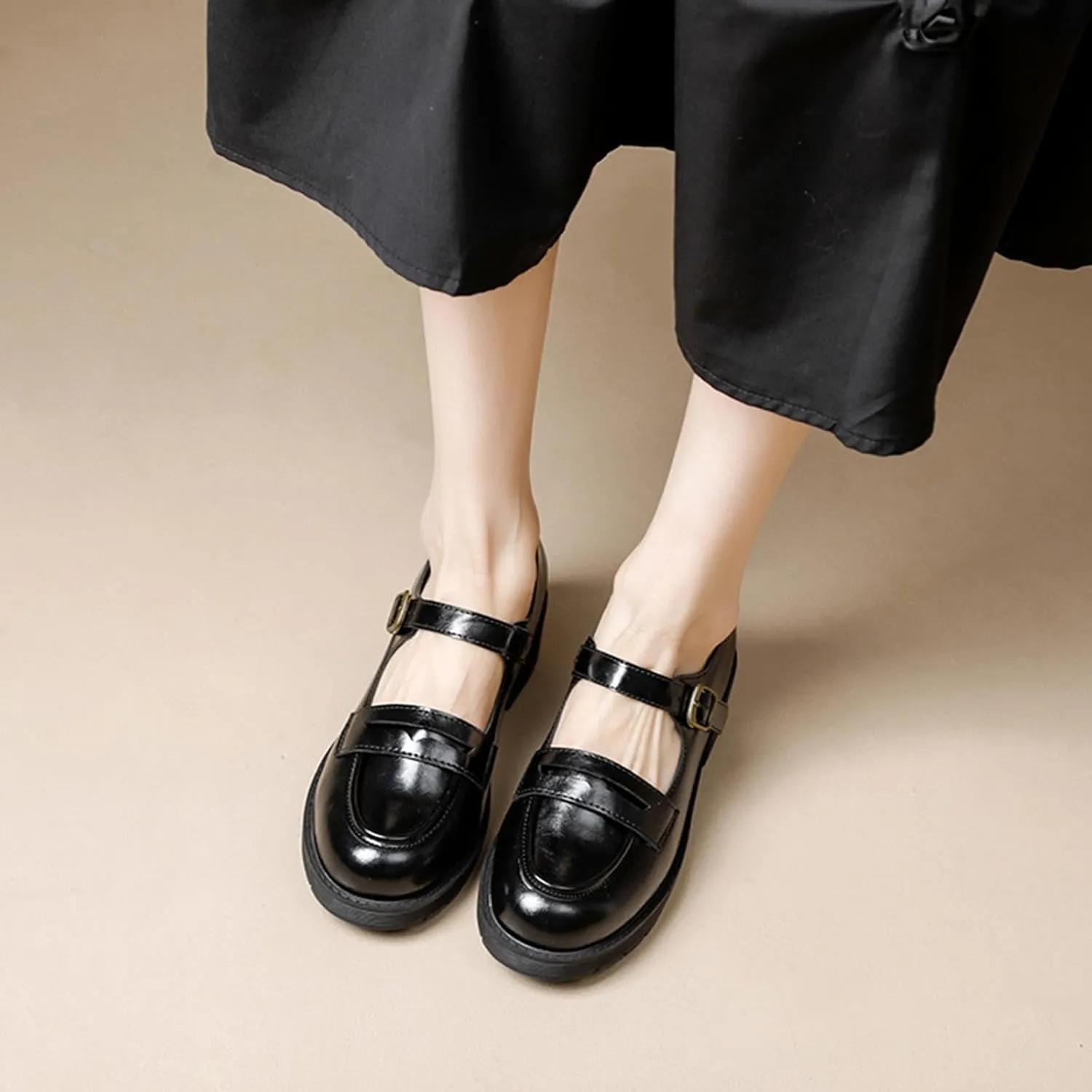 Women's Vintage Mary Jane Loafers Spring/Autumn Hollow Out Buckle Thick Sole Single Shoes Leather