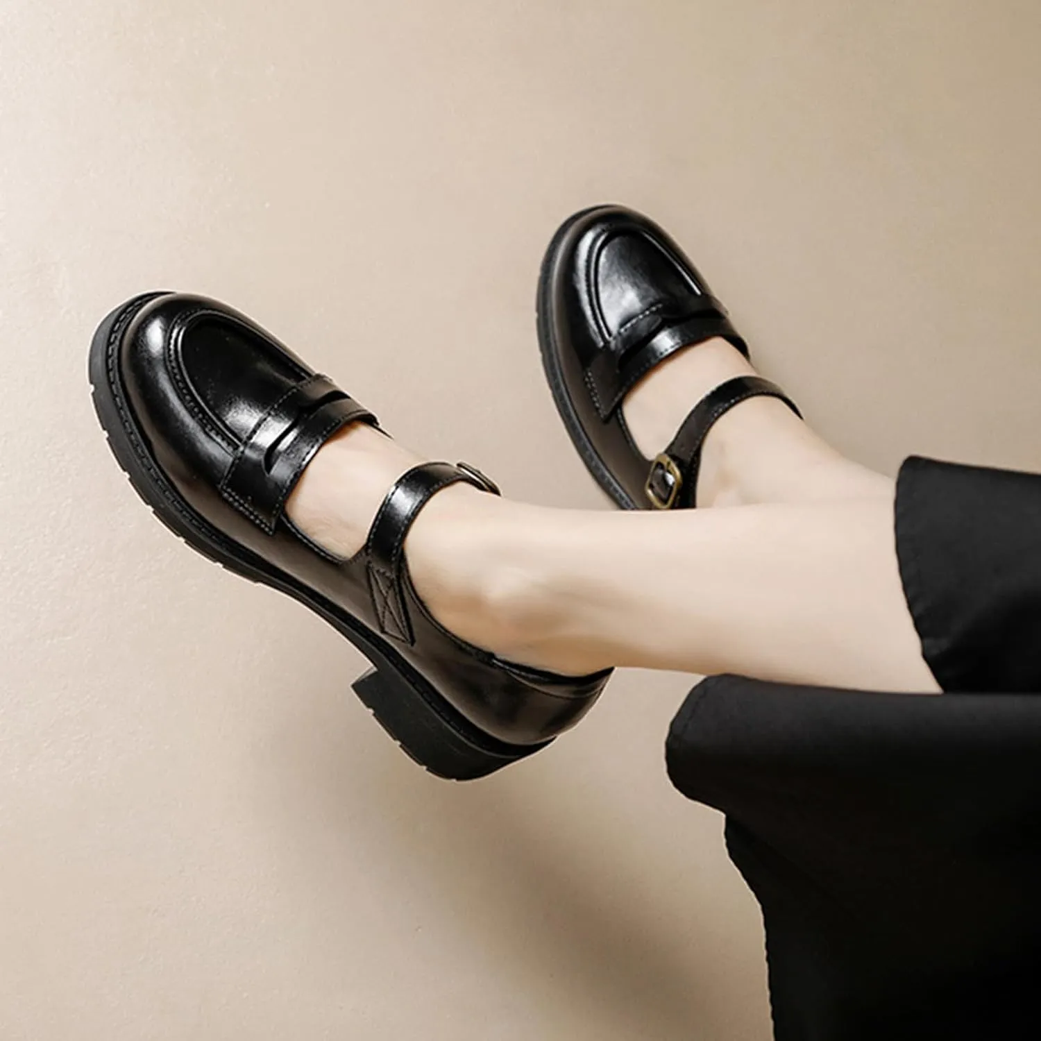 Women's Vintage Mary Jane Loafers Spring/Autumn Hollow Out Buckle Thick Sole Single Shoes Leather